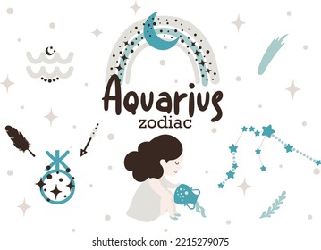 Aquarius zodiac sign clipart - cute kids horoscope, zodiac stars, constellation, rainbow, planet, leaves, arrow and comet isolated Vector illustration on white background. Cute vector astrological cha