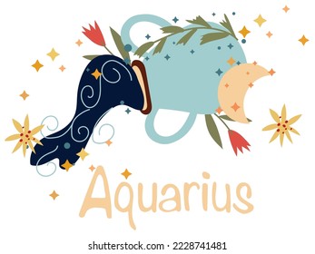 Aquarius Zodiac sign with colorful leaves and stars around. Astrological Aquarius zodiac perfect for posters, logo, cards. Vector illustration.