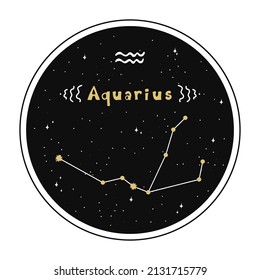 Aquarius. Zodiac sign and constellation in a circle. Set of zodiac signs in doodle style, hand drawn.
