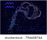 Aquarius Zodiac sign and constellation on a cosmic dark blue background with stars. Hand drawn vintage engraving style vector illustration. Space, astrology, horoscope, astronomy, fantasy design.