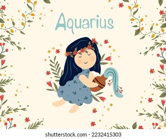 Aquarius zodiac sign. Cute banner with A girl holding a vase of water, stars, flowers, and leaves. Astrological Aquarius sign of the zodiac. Vector illustration.