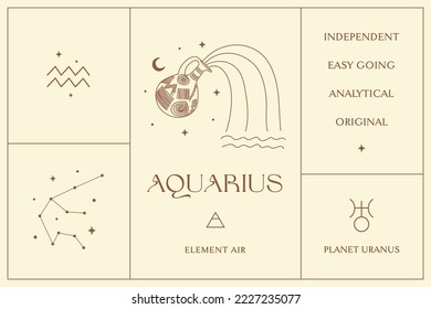 Aquarius Zodiac Sign Design, Esoteric Abstract Logo, Mystic Spiritual Symbols, Icons. Astrology, Moon and Stars, Magic Esoteric Art.