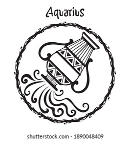 Aquarius zodiac sign design form illustration doodle drawing tattoo and  freehand typography style vector with white background 