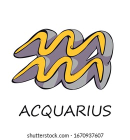 Aquarius zodiac sign flat cartoon vector illustration. Astrological celestial and mythological air symbol with name. Astrology chart yellow element with title. Isolated hand drawn item