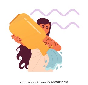 Aquarius zodiac sign flat concept vector spot illustration. Girl holding amphora and pours water 2D cartoon character on white for web UI design. Astrology isolated editable creative hero image