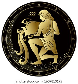 Aquarius Zodiac Sign. Golden circle on a black background. Vector illustration.