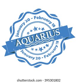 Aquarius zodiac sign grunge blue ribbon, also for print. Contains also the Dates of Birth.