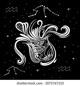 Aquarius Zodiac sign. Horoscope constellation, stars.Black space with dots stars, shiny bokeh.Vector science background. Symbol, Astrology Illustration, Aquarius silhouette