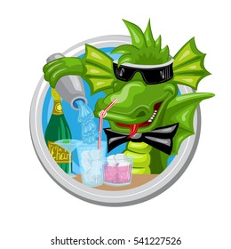 Aquarius. Zodiac sign. Horoscope. Dragon barman with black glasses and bow is filling goblets with cocktail