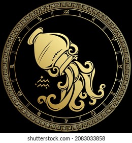 Aquarius. Zodiac sign. Horoscope. Gold  circle on a black background.