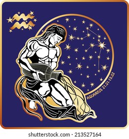 Aquarius zodiac sign. Horoscope.Muscular man sits and pours water from a pitcher.Circle with constellation and stars.Vector Illustration in retro style.  