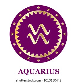 Aquarius Zodiac sign icon isolated. Astrology and horoscope design element. Golden symbol on purple background decorated with stars. Vector illustration