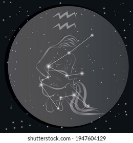 Aquarius zodiac sign icon on dark night sky background. Sagittarius constellation