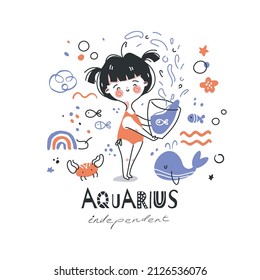 Aquarius zodiac sign illustration. Astrological horoscope symbol character for kids. Colorful card with graphic elements for design. Hand drawn vector in cartoon style with lettering