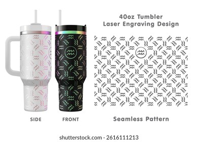 Aquarius zodiac sign laser engraving design for 40oz tumbler. Seamless from edge to edge. Full tumbler wrap. Vector illustration.