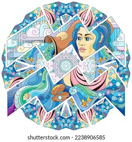 Aquarius zodiac sign with mandala cute cartoon character retro zentangle stylized in vector