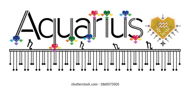 Aquarius. Zodiac sign. Moon sign. Astrology sign gemstone label. Horoscope vector. Vedic sign title. Astrology sticker. Astronomy badge. Stock illustration. Lettering text. Gems and patterns.
