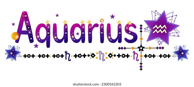 Aquarius. Signo zodiaco. Señal de la luna. Etiqueta de astrología. Señal de sol. Etiqueta astrológica. Estrellas espaciales planetas. Vector de horóscopo. Título védico de la señal. Insignia de astronomía. Ilustración bursátil. Texto de la carta. 