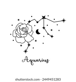 Aquarius zodiac sign with moon, flower and stars. Celestial constellation 