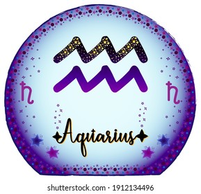 Aquarius zodiac sign. Moon sign label. Astrology sign. Horoscope vector. Vedic sign title. Astrology sticker. Astronomy badge. Stock illustration.  Purple magical globe. Stars and patterns.