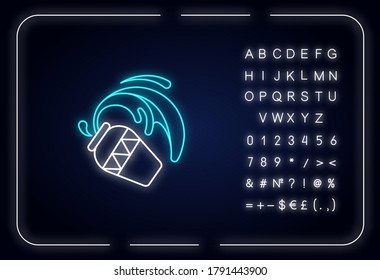 Aquarius zodiac sign neon light icon. Outer glowing effect. Astrology, horoscope water bearer sign with alphabet, numbers and symbols. Spilled jug vector isolated RGB color illustration