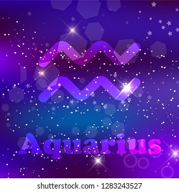 Aquarius Zodiac sign on a cosmic dark blue purple background with glowing stars and nebula. Vector illustration, banner, poster, card. Space, astrology, horoscope, astronomy, neon fantasy design.