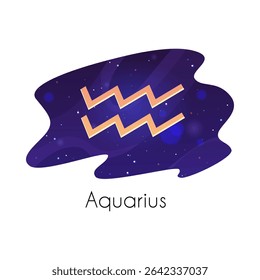 Aquarius zodiac sign on starry sky. Horoscope Aquarius symbol on space background. Vector astrological flat illustration. Modern design element in decorative frame