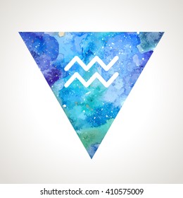 Aquarius zodiac sign on watercolor triangle background. Astrology symbol