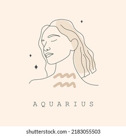 Aquarius zodiac sign. One line drawing. Astrological icon with abstract woman face. Mystery and esoteric outline logo. Horoscope symbol. Linear vector illustration in minimalist style.