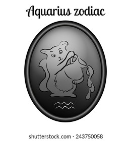 Aquarius zodiac sign in oval frame, vector Illustration. Black and white. Outline, contour icon.