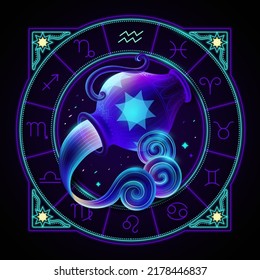 Aquarius zodiac sign represented by a large jar pouring water. Neon horoscope symbol in circle with other astrology signs sets around.