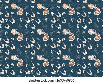 Aquarius zodiac sign seamless pattern. Hand drawn astrological doodles. Pitchers with water pouring out of them, constellations and pictograms. For fabric, textile, scraps, wrapping paper, etc. Vector