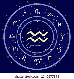 Aquarius zodiac sign in a starry circle, surrounded by all zodiac signs. Perfect for astrology themes, horoscope visuals, and celestial designs. Dark blue cosmic background.