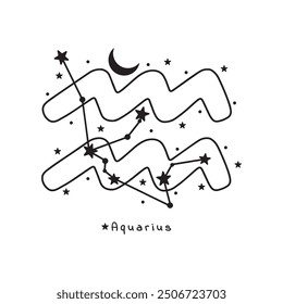 Aquarius zodiac sign, stars, moon on white background, boho vector art