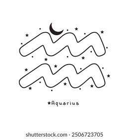 Aquarius zodiac sign, stars, moon on white background, boho vector art