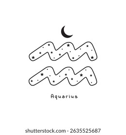 Aquarius zodiac sign with stars and moon, vector art