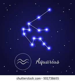 Aquarius Zodiac Sign Stars on the Cosmic Sky. Vector illustration of bright blue star planet zodiacal symbols Astrology, Esoteric. Design for web pages and placard for birthday card 