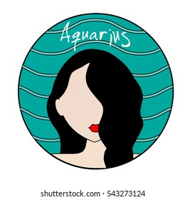 Aquarius zodiac sign. Vector icon with fashionable woman face and wavy background