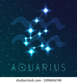 Aquarius zodiac sign. Vector illustration with constellations and hand-drawn astronomical symbols. Shining stars in the night sky.