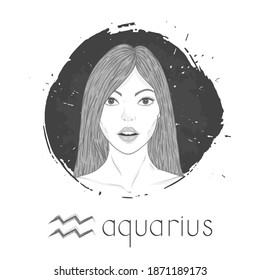 Aquarius zodiac sign. Vector illustration with a beautiful horoscope symbol girl on grunge ink background. Monochrome.