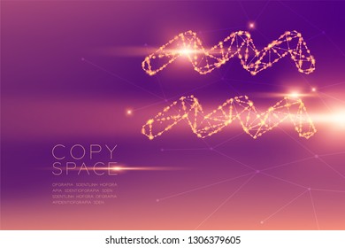 Aquarius Zodiac sign wireframe polygon futuristic bokeh light frame structure and lens flare, Fortune teller concept design illustration isolated on purple gradients background with copy space