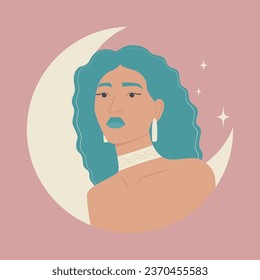 Dibujo de dibujos animados de una joven mujer con el signo de Aquarius zodiac. Dama con símbolo astrológico de pelo azul