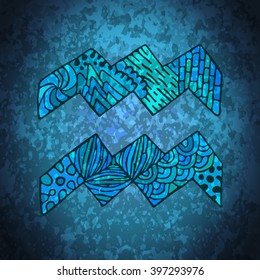 Aquarius zodiac sign. Zodiac zentangle sign. Zodiac symbol. Zentangle doodle zodiac. Zentangle style vector. Zodiac symbol. Aquarius horoscope. Aquarius zodiac grunge banner.