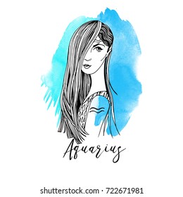 Aquarius. Zodiac signs girl sketch illustration
