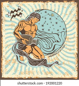 Aquarius zodiac signs of Horoscope circle with constellation on shabby vintage background.Muscular man sits and pours water from a pitcher.Graphic Vector Illustration in retro style.  