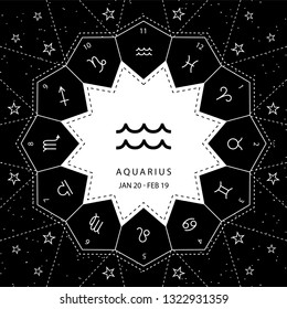 Aquarius. Zodiac signs outline style vector set on star sky background.