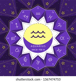 Aquarius. Zodiac signs outline style vector set on star sky background.