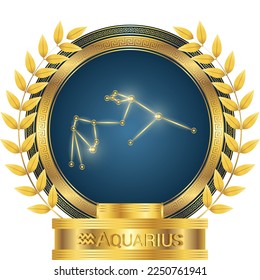 Aquarius Zodiac Stellar Glowing Star Constellation Horoscope Astrology Fortune-Telling and Future Prediction, Air Element on Classic Golden Olive Wreath Trophy Icon Vector Design Illustration.