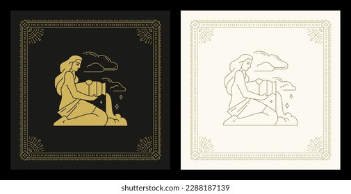 Aquarius zodiac symbol antique woman with water jug line art deco vintage card set vector illustration. Astrology esoteric mythology horoscope sign ancient frame element celestial decorative design