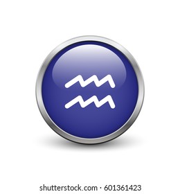 Aquarius zodiac symbol, blue button with metal frame and shadow